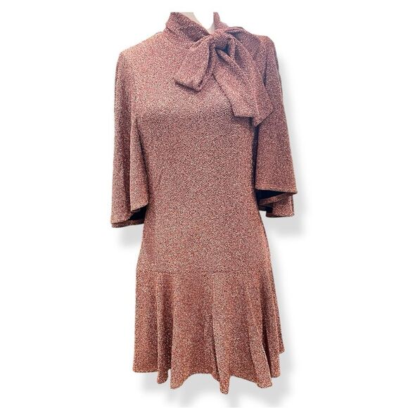 Black Halo Coralia Mini Dress Copper Zest Metallic Bow Neck Flounce Hem 12 NWT - Picture 1 of 13